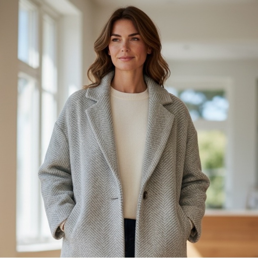 Raey - Designer Chic Women's Gray Herringbone Coat - Elegant Office Wear Size 10 - Picture 2 of 6